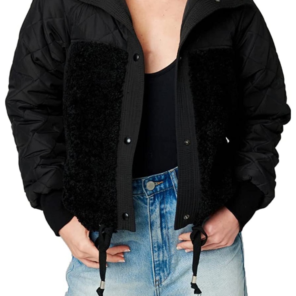BLANKNYC] Womens Black Nylon Puffer Jacket With Faux Sherpa Detail
